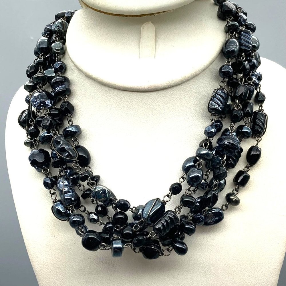 Retro Oil Slick Beads Necklace, Black Molded Glass Vitrail Multi Strand